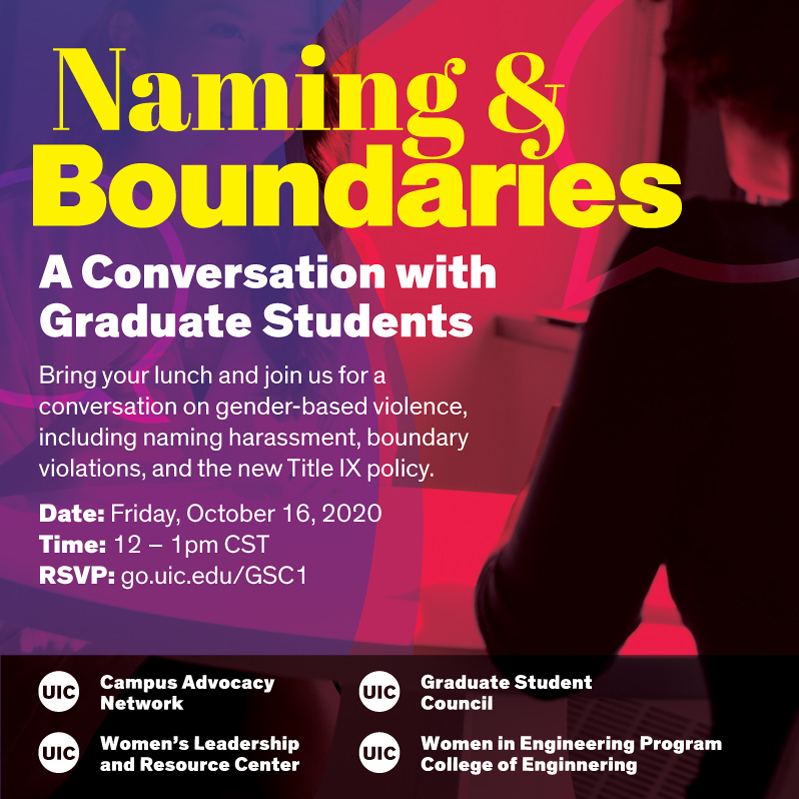 Back of a woman against a purple and red background with yellow and white text saying Naming & Boundaries A Conversation with Graduate Students